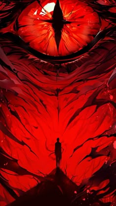 a man standing in front of an eye with red light coming from the iris behind him