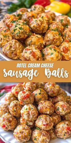 some food that is on a plate and the words hotel cream cheese sausage balls above it