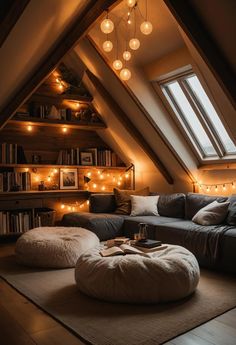 a living room filled with lots of furniture under a lofted ceiling covered in lights