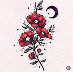 some red flowers and a crescent tattoo on a white paper with black dots in the background