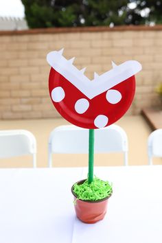 a small potted plant sitting on top of a white table covered in green grass