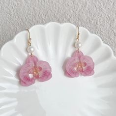 Shrink Plastic Pink Orchid Flower With Fresh Water Pearls - Etsy Plastic Flower Earrings, Cute Handmade Flower-shaped Earrings, Pink Flower Earrings With Resin And Ear Wire, Pink Resin Flower Earrings With Ear Wire, Orchid Resin Jewelry, Pink Drop Earrings With Pressed Flowers, Pink Dangle Earrings With Pressed Flowers, Orchid Earrings Flower, Pink Flower Earrings With Pressed Flowers