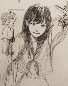 a drawing of a girl holding her hand up to the sky with a boy standing next to her