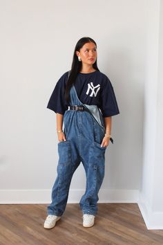 Model Is Wearing A Size Small OVERSIZED DENIM OVERALLS Oversized 90s Fashion, Sporty Denim Jeans For Streetwear, Sporty Baggy Denim Jeans, Casual Indigo Denim Jumpsuit, Dark Wash Sporty Denim Jeans, Barrel Overalls Outfit, Sporty Dark Wash Cotton Jeans, Sporty Dark Wash Denim Jeans, Sporty Denim Jeans For Fall