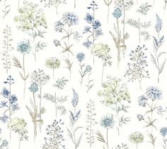 a wallpaper with blue and green flowers on it's side, in front of a white background