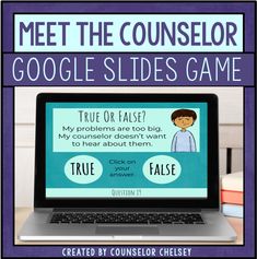 a laptop computer sitting on top of a desk with the words, meet the counselor google slides game