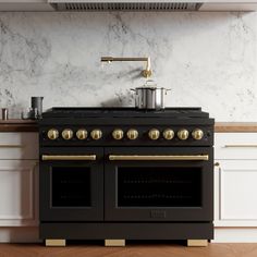 a black stove top oven sitting inside of a kitchen next to a wooden countertop