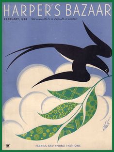 an advertisement for harper's bazaar featuring a bird flying through the sky with green leaves