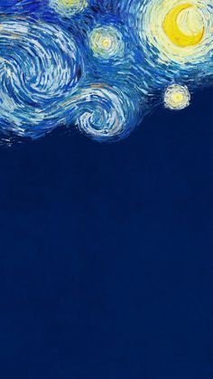 the starry night painting is shown in blue and yellow