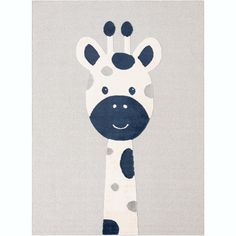 a blue and white giraffe rug with polka dots on it's face