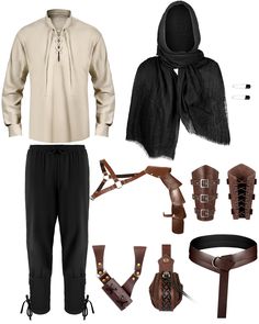 an assortment of men's clothing and accessories including gloves, scarves, belted vests