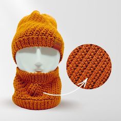 an orange knitted beanie hat with a crochet pattern next to it