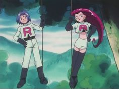 two anime characters standing in the woods with their arms around each other and holding onto ropes