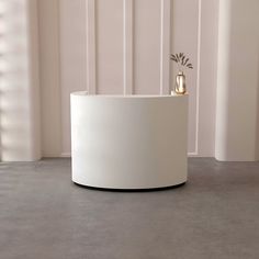 a white round table with a plant in it