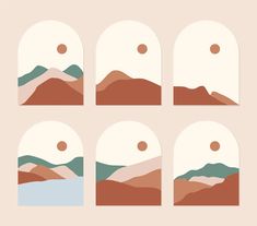 six mountains are shown with the sun in the sky and one mountain is seen through four arched windows