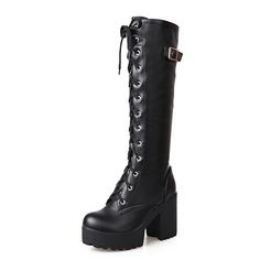 The Real Witch Boots Boots fit for a real Witch! Knee-high, laced faux leather boots with a sexy but comfortable style for day or night. A side buckle adds some edge. Material: PU Faux Leather; Rubber. Closure Type: Lace-Up Heel Height: 9.5cm (3.7") Platform Height: 3.5cm (1.4") Shaft Height: 35cm/ Circumference: 34cm Size USA Foot Length 34 4 22cm (8.7") 35 4.5 22.5cm (8.9") 36 5.5 23cm (9.1") 37 6.5 23.5cm (9.3") 38 7 24cm (9.5") 39 8 24.5cm (9.7") 40 8.5 25cm (9.8") 41 9.5 25.5cm (10") 42 10 Techwear Boots, Knee High Boots Winter, Witch Boots, Inner Power, High Heel Boots Knee, Faux Leather Boots, Fashion White, Style Punk, Boots Women Fashion