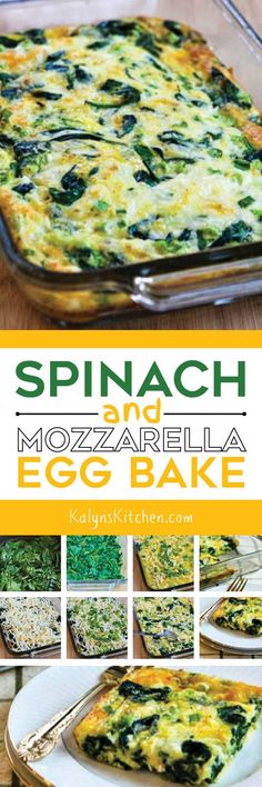 spinach and mozzarella egg bake in a glass casserole dish