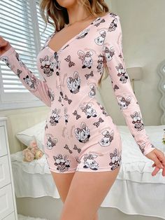 Women Rabbit Pattern Romper Pajamas Baby Pink Casual-Young  Long Sleeve Knitted Fabric Animal  High Stretch All,Fall/Winter Women Sleep & Lounge, size features are:Bust: ,Length: ,Sleeve Length: Romper Pajamas, Camilla Mendes, Pj Party, Cute Pajama Sets, Rabbit Pattern, Pajama Romper, Pattern Romper, Cute Pajamas, Printed Rompers