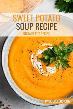 sweet potato soup recipe in a white bowl with parsley on top and text overlay