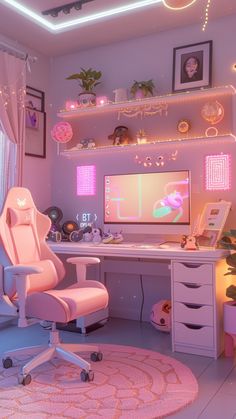 a room with a desk, chair and computer on the table in it is lit up by pink lights