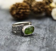 ♦Special Features: This ring has a wide band, its smaller in the back at 6mm and wider in the front at 11mm. I added a gorgeous texture for more visual impact and a lovely faceted rose cut green tourmaline. It's got the fresh green spring green color, a nice glow and some flash to it with inclusions typical to tourmaline. Be sure to look at the video and all the photos. ♦Size: 7.75 but this is a wide band so you always size up for wide bands for comfort. This band isn't too wide in the back so i Spring Green Color, Silversmith Rings, Wide Band Ring, Bold Jewelry, Green Spring, Wide Band Rings, Tourmaline Ring, Fresh Green, Green Tourmaline