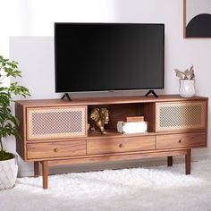 a flat screen tv sitting on top of a wooden entertainment center next to a potted plant