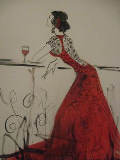 a drawing of a woman in a red dress with a glass of wine on a table