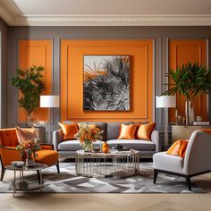 an orange and gray living room with two couches, one loveseat and the other chairs