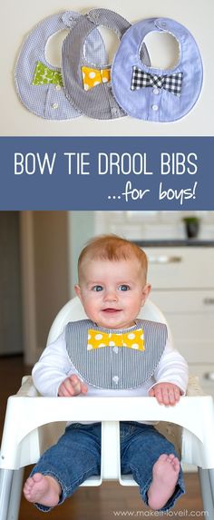 a baby sitting in a high chair with the words bow tie drool bibs for boys