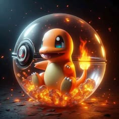 an image of a cartoon character in a glass ball with fire coming out of it