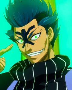 an anime character with blue hair and green eyes pointing to the side while wearing a striped shirt