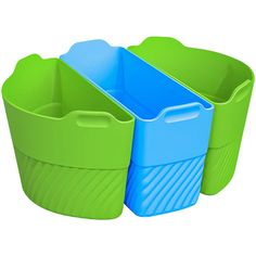 three green and blue plastic containers sitting next to each other