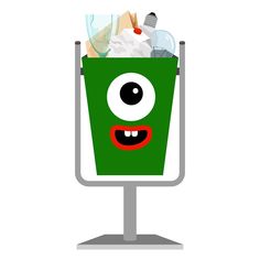 a green trash can filled with garbage and an evil face on the side, in front of a white background