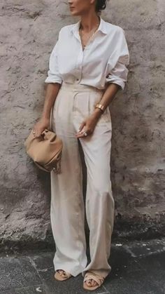 High Waist Loose Pants, Mode Inspo, 가을 패션, Inspiration Mode, Looks Style, Work Attire, Mode Inspiration, White Pants