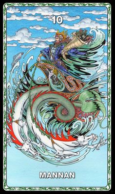 a card with an image of a woman riding on top of a dragon in the sky