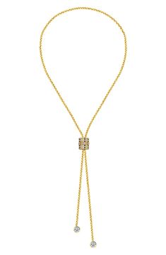 Elevate your wardrobe in a bolo necklace crafted in 14-karat-gold plated sterling silver that's ideal as a standalone piece or as a layered look. 14" length; 3 1/2" extender Sterling silver with 14k-gold plate/cubic zirconia Made in Turkey Luxury Adjustable Gold-tone Necklace, Yellow Gold Lariat Jewelry With Box Chain, Yellow Gold Lariat Necklace With Detachable Pendant As Gift, Elegant Yellow Gold Lariat Necklace With Box Chain, Elegant Gold Necklace With Sliding Knot, Elegant Yellow Gold Jewelry With Adjustable Cord, Elegant Lariat Jewelry With Adjustable Cord, Elegant Lariat Necklace With Adjustable Cord, Adjustable Gold Bolo Tie As Gift