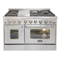 an oven with two burners and three doors on the front, in stainless steel