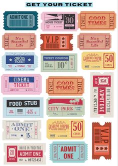 an image of some colorful tickets for the movie theater or film festival with text that reads, get your ticket