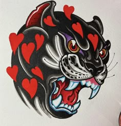 a drawing of a tiger with hearts on it's face