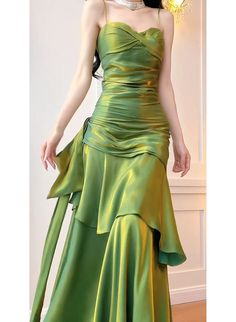 Product NO. :J4462 Dress style ：A line Fabric：Satin Color: As picture Green Elegant Dress, Green Ball Dress, Party Dress Green, Green Formal Dress, Forest Dress, Vintage Green Dress, Green Formal Dresses, Multi Way Dress, Velvet Prom Dress