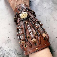 Steampunk Leather Bracelet As A Gift, Steampunk Leather Bracelet Perfect As A Gift, Vintage Leather Cuff Bracelet For Festival, Adjustable Steampunk Leather Bracelet, Vintage Leather Bracelet With Custom Hardware, Artificer Gadgets, Steampunk Armband, Steampunk Bracer, Leather Vampire