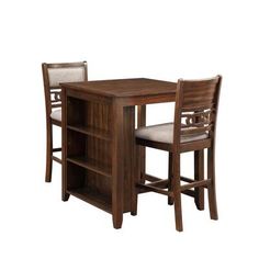 a wooden table with two chairs and a book shelf on top of it, against a white background