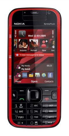 a red and black cell phone with pictures on it's display screen, taken from the front