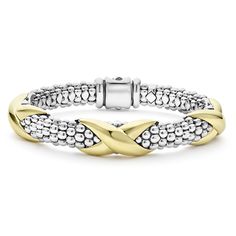 Sterling silver Caviar beading accented by three 18k gold X stations form this detailed LAGOS bracelet. Lagos Bracelet, Local Jewelry, Engraved Items, Jewelry Store, Bracelet Sizes, Gold Accents, Jewelry Stores, Two Tone, Beading