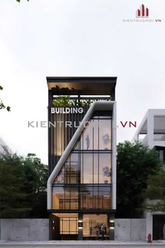 an architectural rendering of a building with stairs leading up to the top floor and windows