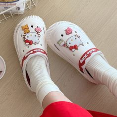 Step into a world of unparalleled cuteness with our unique Sanrio Cute Clog Slippers. These super adorable slippers feature Sanrio characters that will melt your heart. With their comfortable clog design, these slippers are perfect for lounging at home in style. Get ready to experience cuteness overload! White Eva Clogs With Round Toe, White Round Toe Eva Clogs, White Slip-resistant Slide Clogs, Cute White Clogs With Round Toe, Cute White Slip-on Clogs, White Casual Eva Clogs, Playful White Clogs, Cute Slip-on Plastic Clogs, Cute Non-slip Plastic Clogs