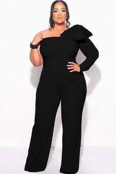 Stretch jumpsuit One shoulder Long sleeve Faux feathers Self tie waist Wide legs Zipper closure 95% polyester 5% spandex Hand wash cold Inseam is 37 inches Model is wearing a 1X Black Tie Attire For Women Plus Size, Plus Size Graduation Outfit, Bridesmaid Pantsuit, Masquerade Outfit Ideas, Jumpsuit One Shoulder, Masquerade Outfit, Faux Feathers, Fancy Attire, Pageant Interview