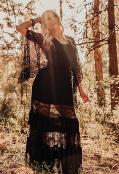 Stevie Nicks is the perfect boho dress inspired by one of my favorite musicians.  This beautiful gown is perfect for fun photoshoots including engagement shoots, maternity shoots and styled shoots. It would be perfect for elopements or weddings too. The top of this dress is sheer, I recommend wearing a bodysuit, bralette or cami in the same color underneath. Production time is 6 - 10 weeks. Custom sizing is available in most cases. Please contact me with the following measurements to discuss - bust, waist, hips.  If you do not provide your measurements it will be made in my standard "one size fits most" which typically fits XS - XL (22 - 40 inch waist) All sales are final! As soon as your order is placed your fabric is ordered, as such no refunds will be given! I also rent out my gowns for Boho Lace Maternity Dress, Stevie Nicks White Skirt, Leather And Lace Stevie Nicks, Lacy Boho Maternity Dress, Bohemian Floor-length Maternity Dress, Black Lace Gown, Lace Dress Boho, Lace Dress Black, Stevie Nicks