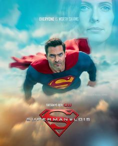 the superman movie poster is shown in front of an image of a man flying through the sky