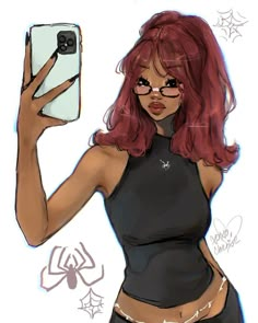 a drawing of a woman with red hair holding a cell phone in her right hand